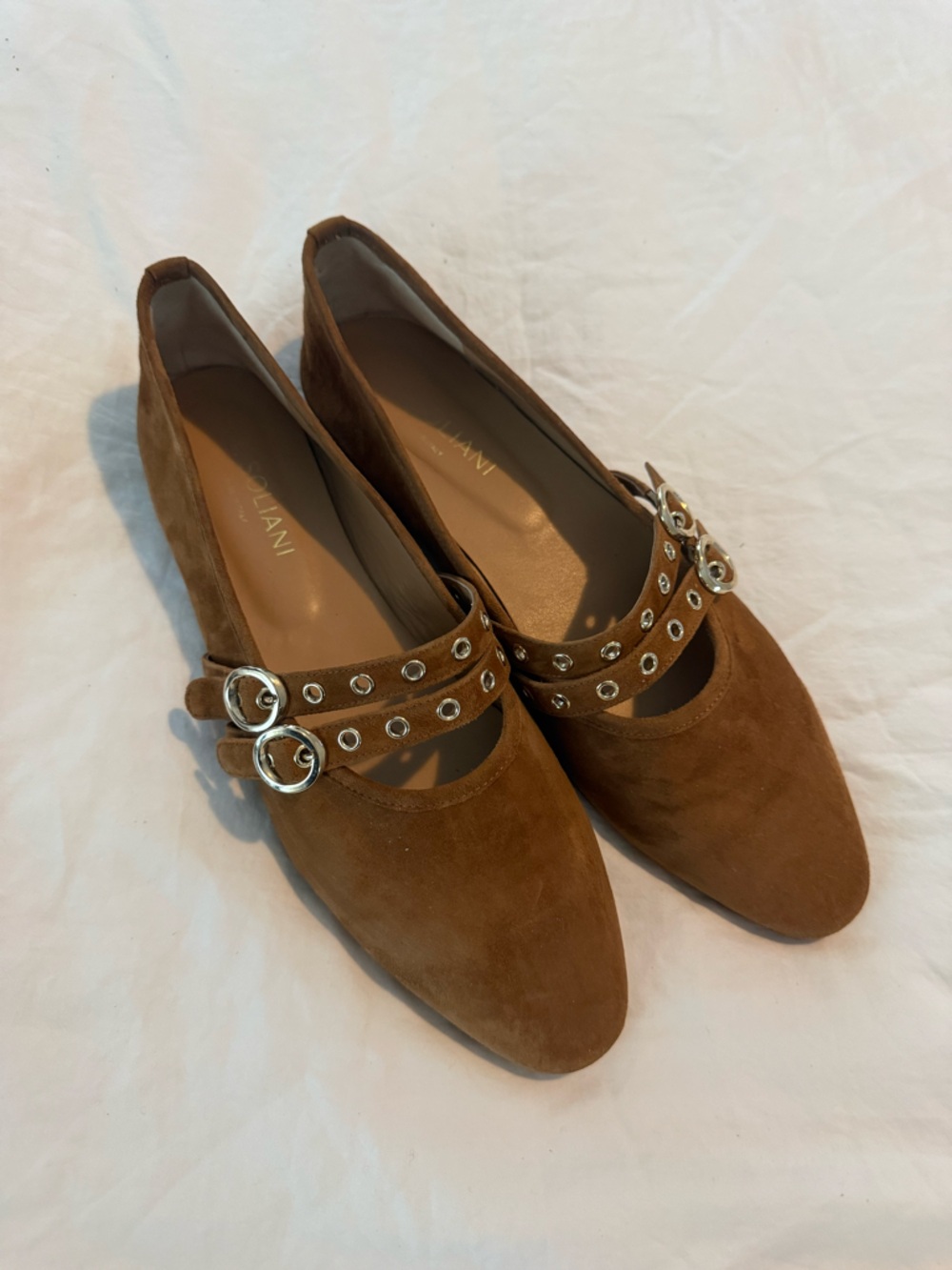 A. Soliani Brown Suede Mary Jane Flats with Double Buckle GUC 0754